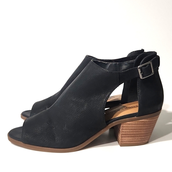 NEW Lucky Brand Barimo Black Leather Wood Block Open Toe Heels Women's 9 - Picture 5 of 13